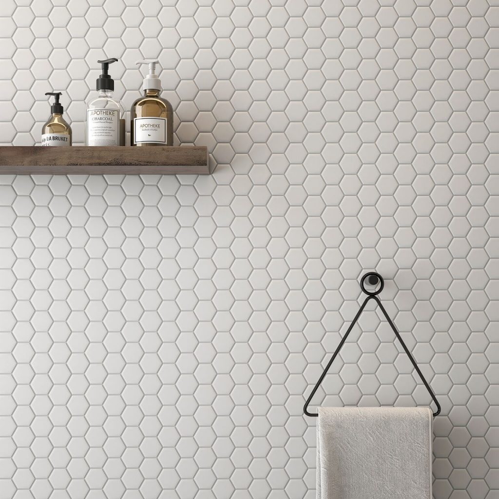 White hexagon bathroom tiles