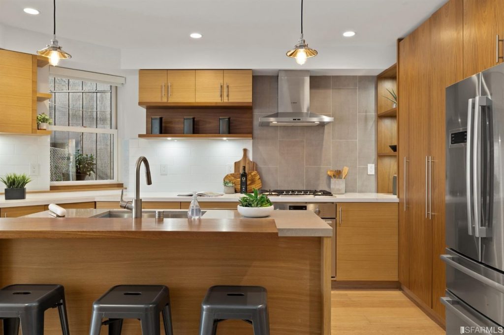 Wood cabinets and countertops in a kitchen